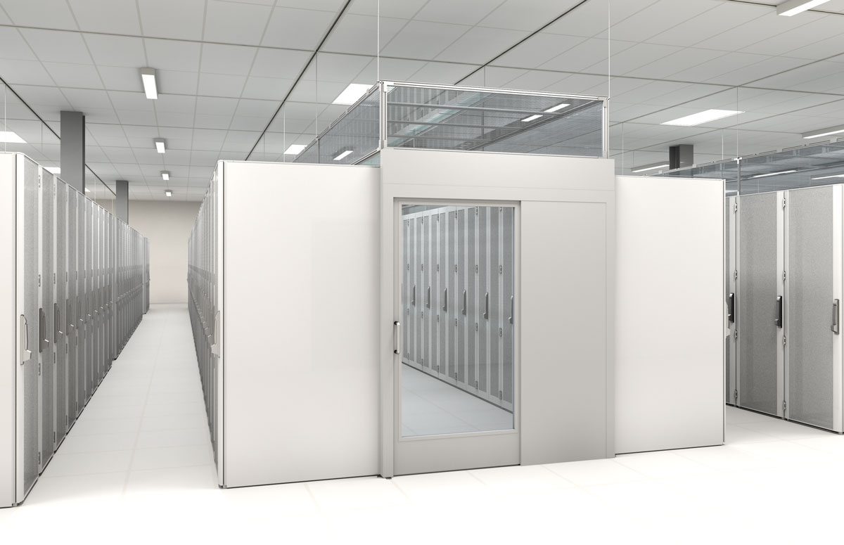 hot aisle containment system between server cabinets, white
